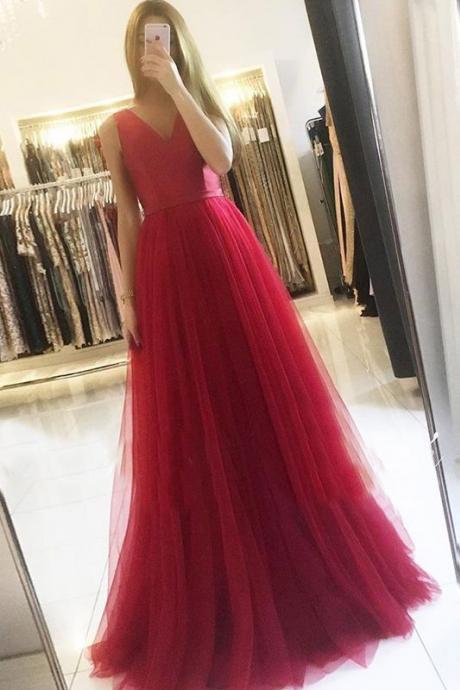 Sexy A Line V-neck Long Prom Dress Red Tulle Prom Party Gowns Custom Made Party Gows