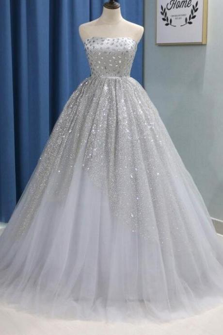 Luxury Silver Grey Puffy Ball Gown Quinceanera Dresses 2019 Vestidos De 15 Anos Strapless Crystal Long Tulle Sweet 16 Dresses, Long Prom Gowns 