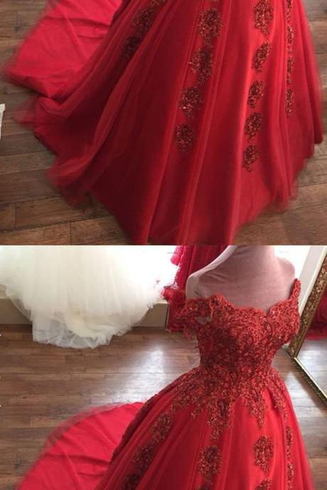 Off Shoulder Red Lace Appliqued Beaded Ball Gown Wedding Dresses Women Party Gowns ,custom Made Long Quinceanera Dress
