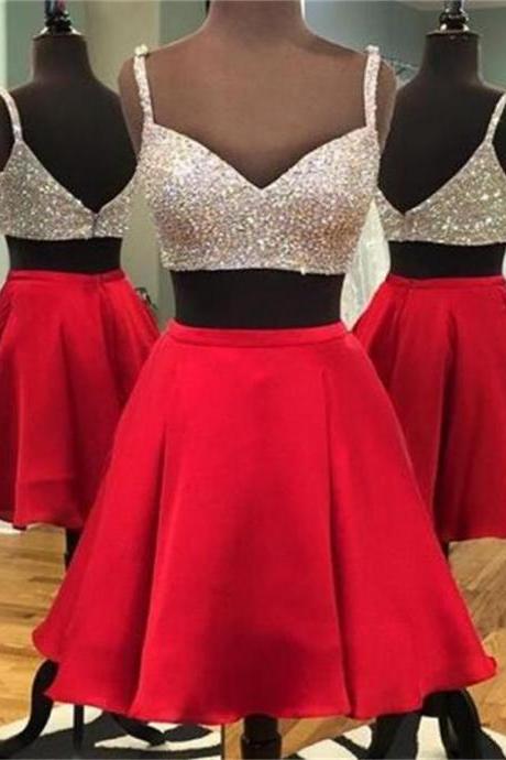 Charming Beaded Two Pieces Red Satin Short Homecoming Dress, Junior Party Gowns ,wedding Party Gowns ,short Cocktail Gowns