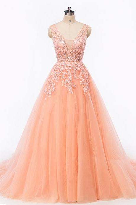 Fashion Sexy Backless Orange Lace Beaded Long Prom Dresses Crew-neck Formal Evening Dress A Line Pageant Party Gowns 2019