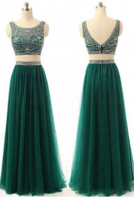 Two Pieces Beaded Long Prom Dress ,2 Pieces Homecoming Party Dresses,a Line Prom Gowns