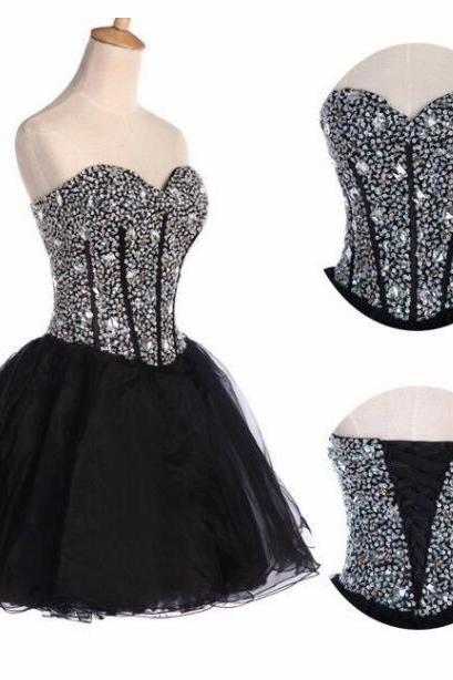 Luxury Black Beaded Crystal Short Homecoming Dress, Sweet 16 Prom Gowns Short , Junior Party Dress, White Cocktail Dress For Little Girls