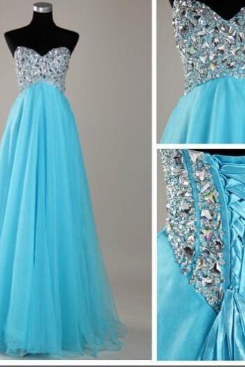 Charming A Line Long Prom Dresses Turquoise Chiffon Crystal Beaded Women Prom Gowns Custom Made Evening Dress, Evening Gowns