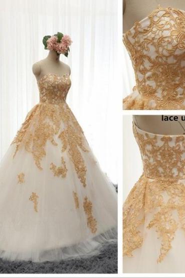 Elegant A Line White Tulle Pricess Lace Wedding Dresses With Gold Appliqued Plus Size Ball Gown Wedding Gowns 