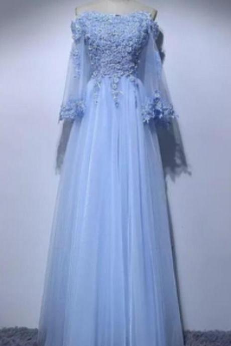 Sexy A Line Light Blue Lace Prom Dress Off Shoulder Long Prom Party Gowns With Appliqued , Formal Evening Dress