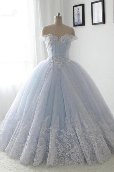 Custom Made Light Sky Blue Ball Gown Lace Prom Dresses Sweet Lace Quinceanera Dress ,sexy Puffy Women Party Dress