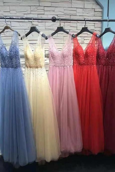Elegant Beaded V-neck Red Tulle Long Prom Dresses, Women Party Gowns ,custom Made Formal Gowns