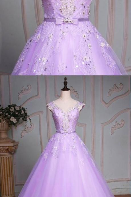 Custom Made Sexy Light Lavender Tulle Ball Gown Quinceanera Dress With Lace Appliqued ,wedding Prom Gowns