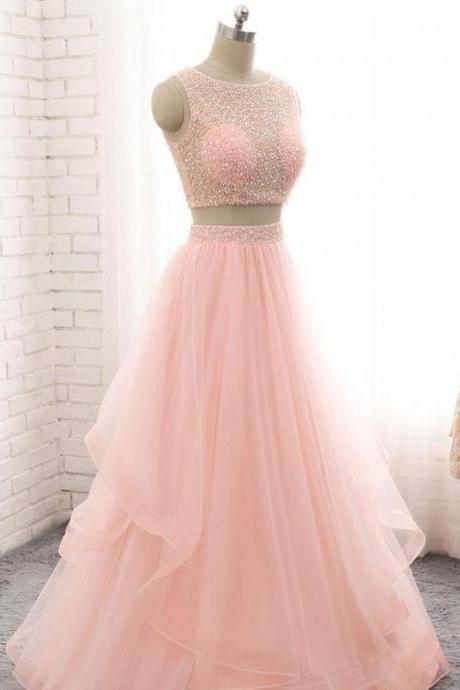 Elegant A Line Two Pieces Beaded Long Prom Dresses ,Sexy Prom Pageant Gowns ,Wedding Party Gowns 