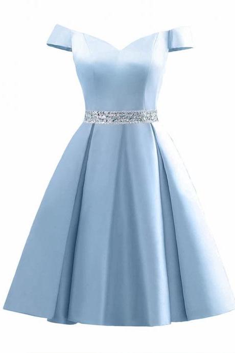 Cheapp Sky Blue Satin Beaded Short Homecoming Dress Above Length Mini Prom Party Gowns ,custom Made Cocktail Gowns Short With Beaded