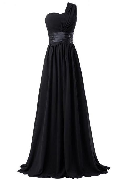 Sexy A Line Black Chiffon Ruffle Long Prom Dresses One Shoulder Women Party Gowns , Bridesmaid Dress