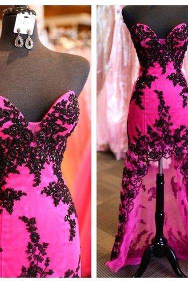 Plus Size Fuchsia High Low Beaded Prom Dresses With Lace Appliqued Homecoming Party Gowns , Women Pageant Gowns