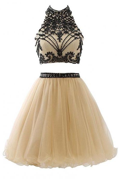 Sexy Beaded Two Pieces Champagne Tulle Short Homecoming Dress A Line Mini Cocktail Party Gowns ,custom Made Prom Gowns