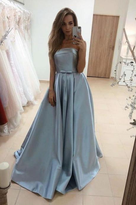 Off Shoulder Light Blue Satin Long Prom Dress Custom Made Women Party Gowns ,formal Evening Dresses