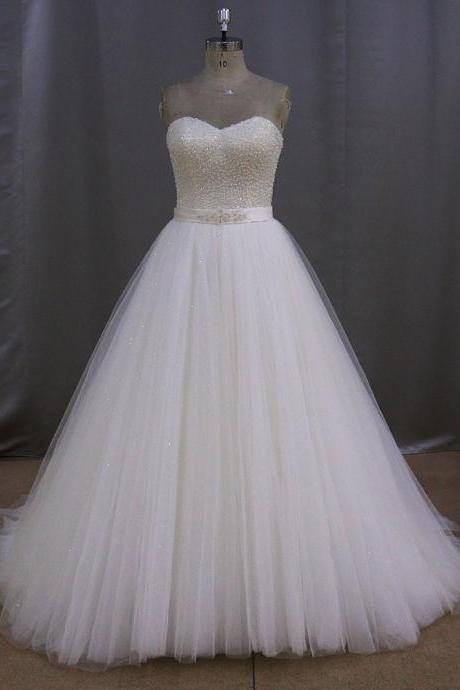 Luxury Beaded A Line White Tulle Long Prom Dress , Wedding Party Gowns , A Line Prom Party Gowns, Women Pageant Gowns 2019