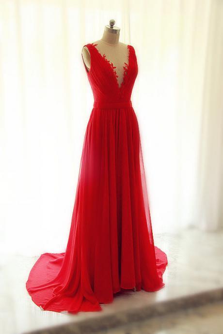 Sexy V-Neck Red Ruffle Long Prom Dress Custom Made Women Party Gowns , Long Evening Dress 2019 