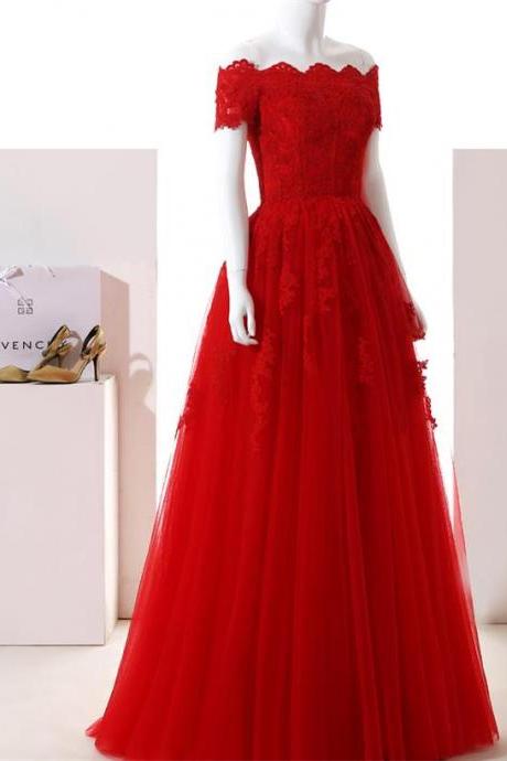 Floor Length Red Lace Appliqued Prom Dress A Line Wedding Party Gowns ,custom Made Tulle Party Gowns , Evening Dress