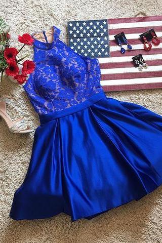 Royal Blue Lace Prom Dress Halter Neck Mini Prom Gowns ,short Homecoming Dress For Junior