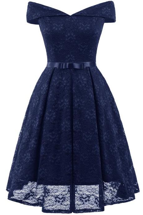 Fashion Navy Blue Lace Dress A Line Women Bridesmaid Party Gowns Soft Lace Homecoming Maix Dresses Cheap. Mini Party Gowns ,Wedding Guest Gowns 