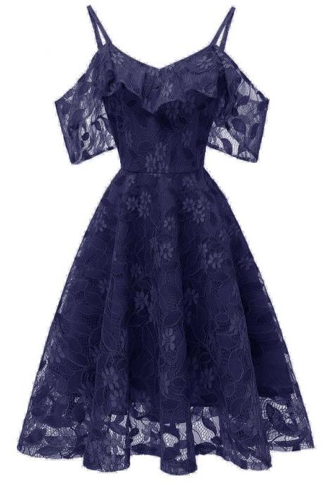 Navy Blue Short Lace Dress A Line Women Bridesmaid Party Gowns Soft Lace Homecoming Maix Dresses . Mini Party Gowns ,short Summer Dress, Above