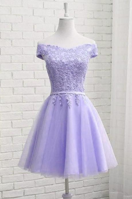 New Arrival A Line Lavender Tulle Prom Dress Short For Women Party Homecoming Dress With Appliqued ,Wedding Guest Gowns 