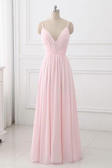Sexy Floor Length Pink Chiffon Ruffle Long Bridesmaid Dress Custom Made Spaghetti Strap Prom Dress, Prom Party Gowns