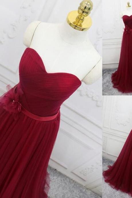 Simple Burgundy Tulle Ruches Long Prom Dress Sweetheart Women Gowns ,plus Size Women Gowns , A Line Pageant Dress