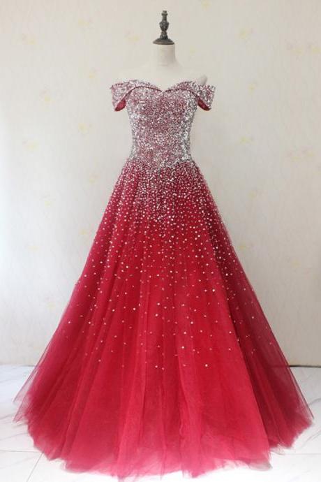 Luxury Beaded Sweet A Line Prom Dress For Wedding Party Dresses Plus Size Red Tulle Quinceanera Dresses , Sexy Puffy Prom Gowns 2019