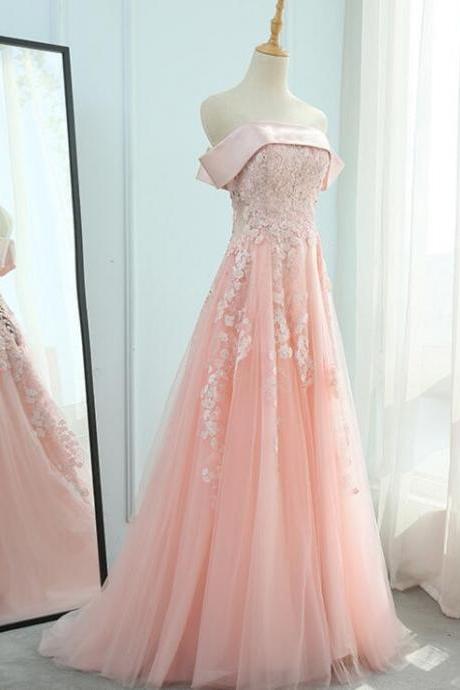 Sexy A Line Light Pink Tulle Prom Dress With Appliqued Women Prom Party Gowns , Custom Made Formal Evening Dress