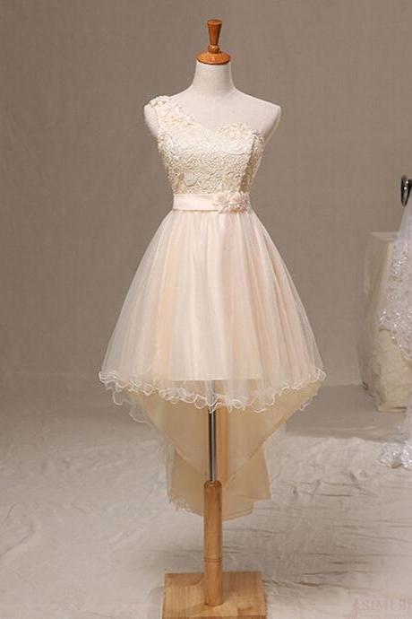 One Shoulder Light Champagne Lace Prom Dress Short Custom Made Women Pageant Gowns ,high Low Prom Party Gowns 2019