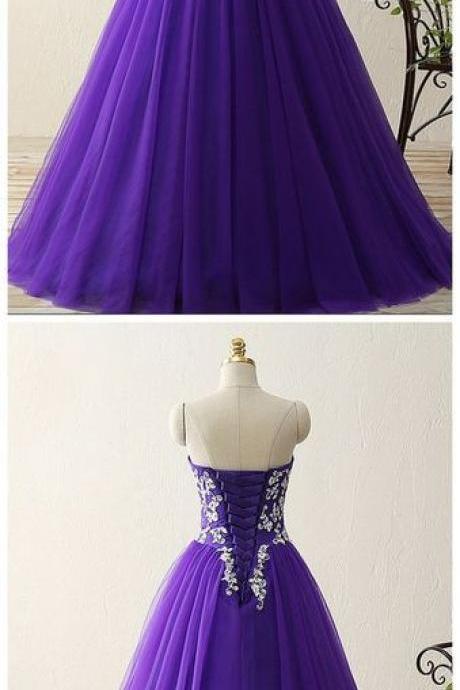Off Shoulder Purple Tulle A Line Long Prom Dresses With Appliqued Custom Made Sweet 15 Prom Gowns ,Ball Gown Quinceanera Party Gowns 2019 