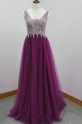 Sexy V-neck Beaded Purple Tulle Formal Evening Dress Strapless Women Prom Gowns , Long Prom Gowns 2019