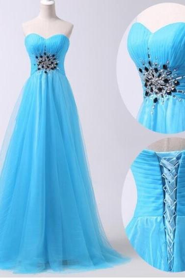 Sexy Blue Ruffle Long Prom Dress Beaded Strapless Women Prom Gowns , A Line Evening Dress, Wedding Guest Gowns
