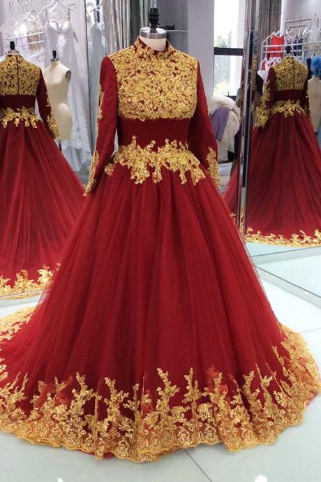 Burgundy Tulle Muslim Evening Dress With Gold Lace Appliqued Formal Evening Dresses Custom Made Women Gowns 