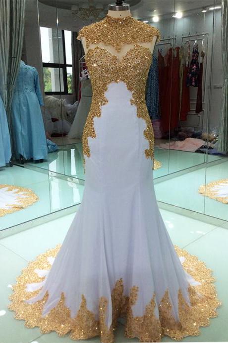 White Mermaid Prom Dress With Gold Lace Appliqued Custom Made High Neck Long Evening Party Gowns ,formal Evening Dress 2019