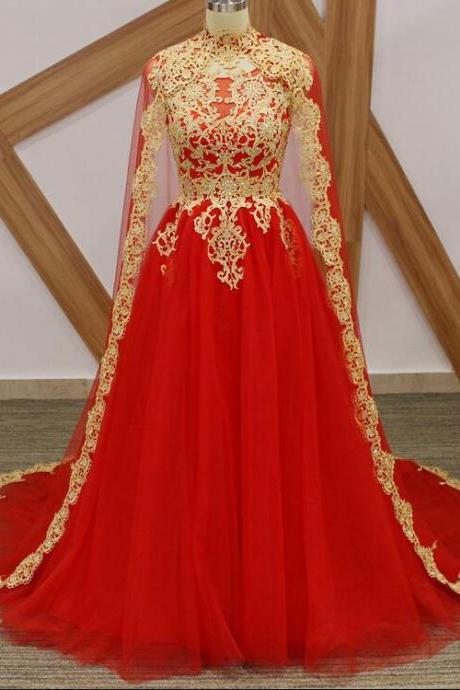 Custom Made Red Tulle Long Prom Dress With Gold Lace Appliqued Plus Size Formal Women Party Gowns , Wedding Party Gowns 2019