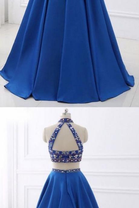 Elegant Two Pieces Royal Blue Satin Long Prom Dress A Line Prom Party Gowns Formal Homecoming Party Dresses