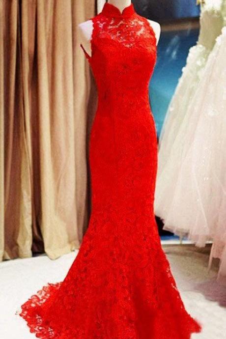 Red Lace High Neck Long Evening Dress Custom Made Mermaid Prom Party Gowns .formal Gowns