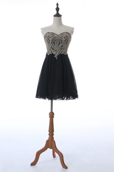 Sweet 15 Prom Dress, Black Chiffon A Line Short Homecoming Dress With Lace Appliqued , Short Prom Dress For Teens
