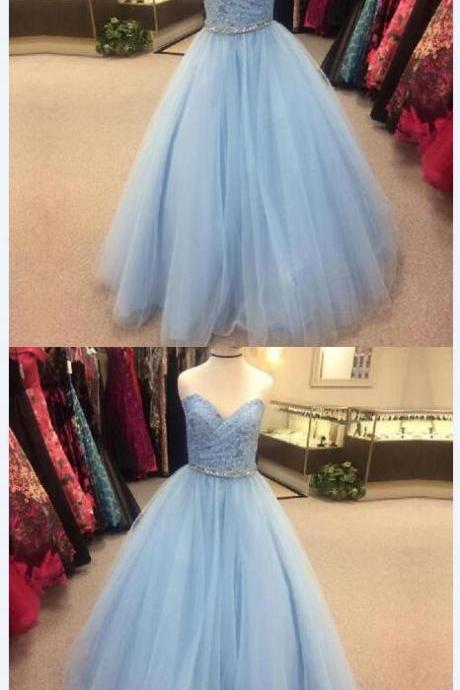 Sexy A Line Lace Prom Dress Sky Blue Long Prom Gowns , Plus Size Quinceanera Dresses
