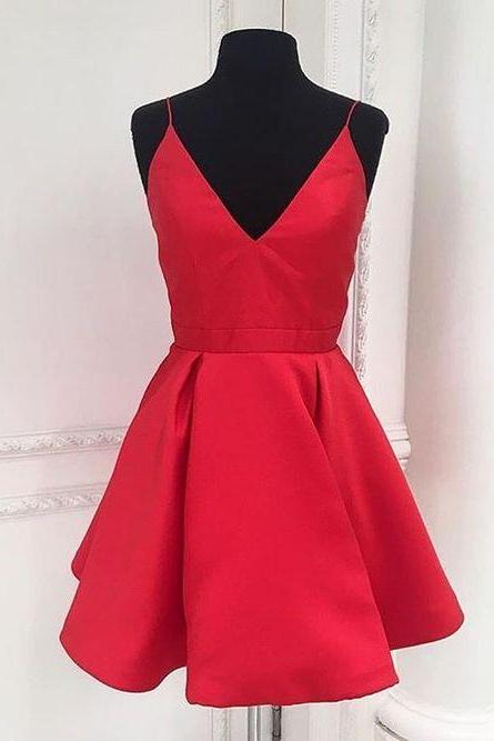 Red Satin V-neck Short Homecoming Dress Simple Mini Prom Gowns , Short Cocktail Dress
