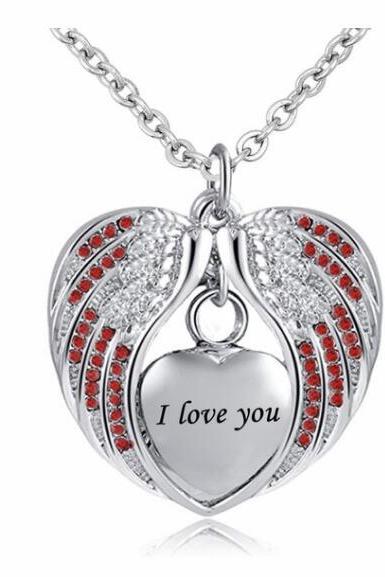 Cremation Urn Necklace For Ashes Angel Wing Jewelry Heart Memorial Pendant And 12 Colors Birthstones Necklace - I Love You