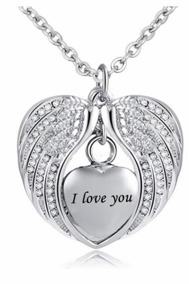Cremation Urn Necklace For Ashes Angel Wing Jewelry Heart Memorial Pendant And 12 Colors Birthstones Necklace - I Love You