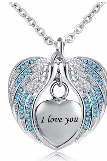 Cremation Urn Necklace for Ashes Angel Wing Jewelry Heart Memorial Pendant and Birthstones Necklace - I Love You