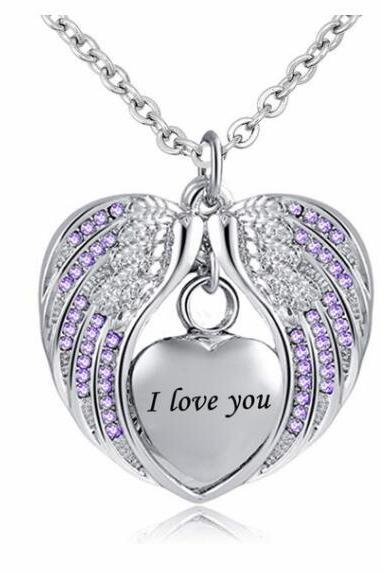 Cremation Urn Necklace For Ashes Angel Wing Jewelry Heart Memorial Pendant And Birthstones Necklace - I Love You