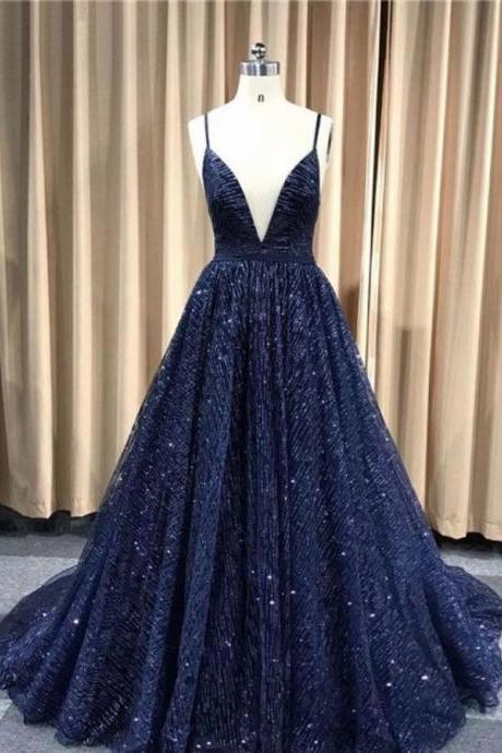 Charming A Line Navy Blue Sequin Long Prom Dress Plus Size Women Pageant Gowns Evening Gowns
