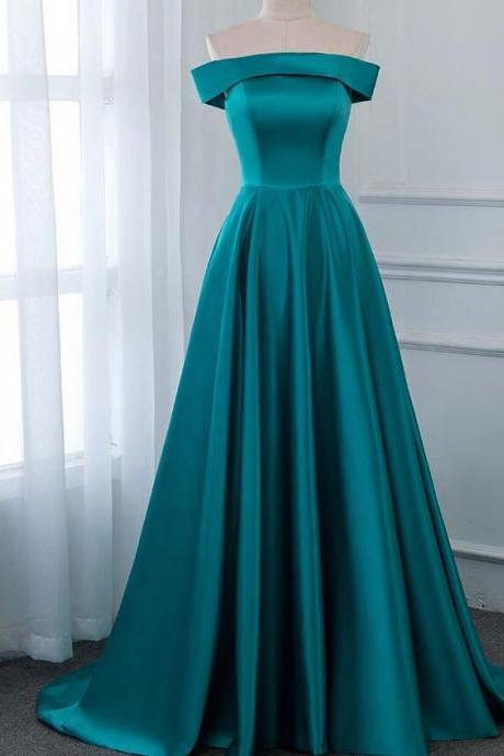 Off The Shoulder Long Prom Dresses Turquoise Satin Formal Evening Gown Women Dress Zipper Back ，formal Evening Dress 2020