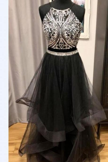 Charming Black Beaded Two Pieces Long Prom Dress, A Line Prom Party Gowns ,formal Evening Gowns 2020