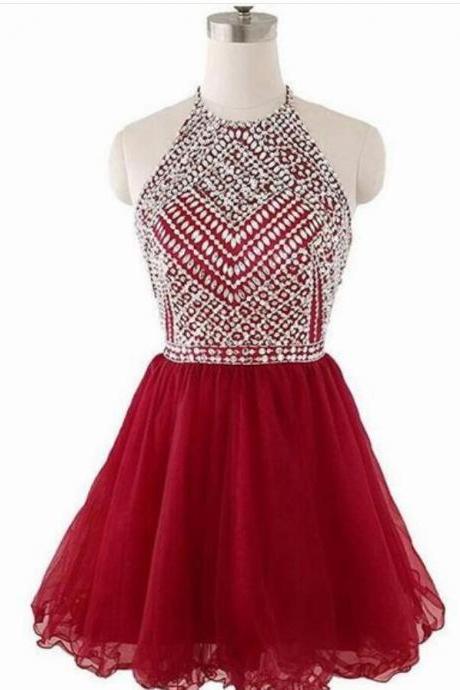 2020 Custom Made Burgundy Tulle Beaded Halter Neck Short Homecoming Dress Sexy Backless Cocktail Party Gowns